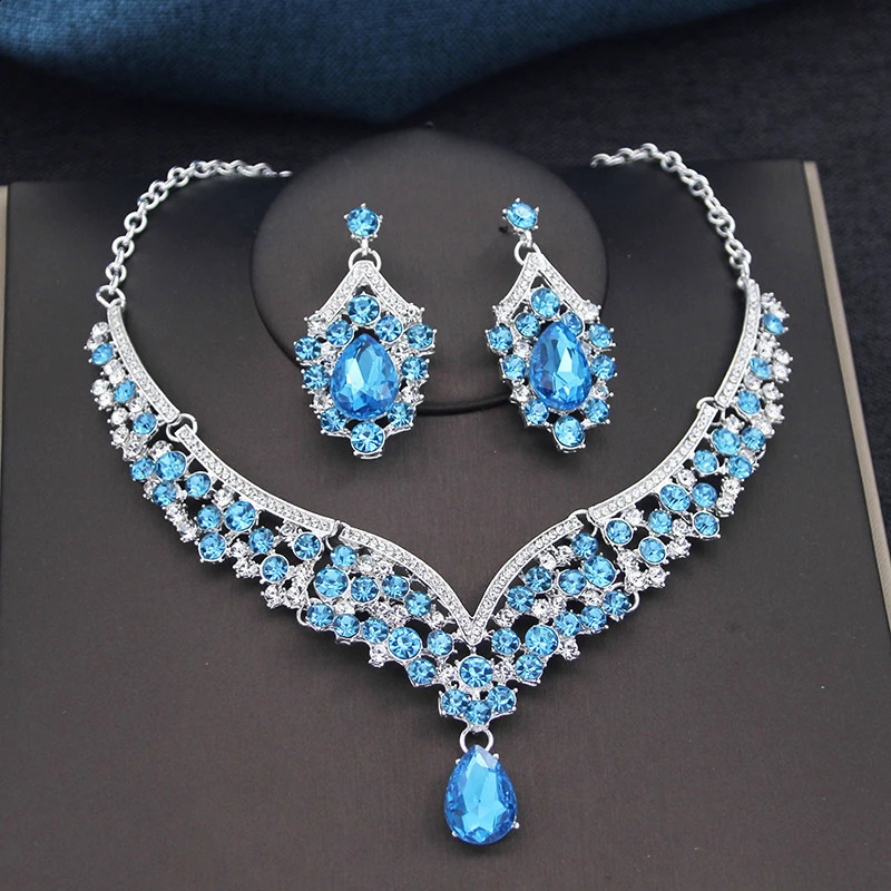 Fashion Womens Rhinestone Crystal Water Drop Necklace Earring Wedding Bridal Jewelry Set 241007 Z260313