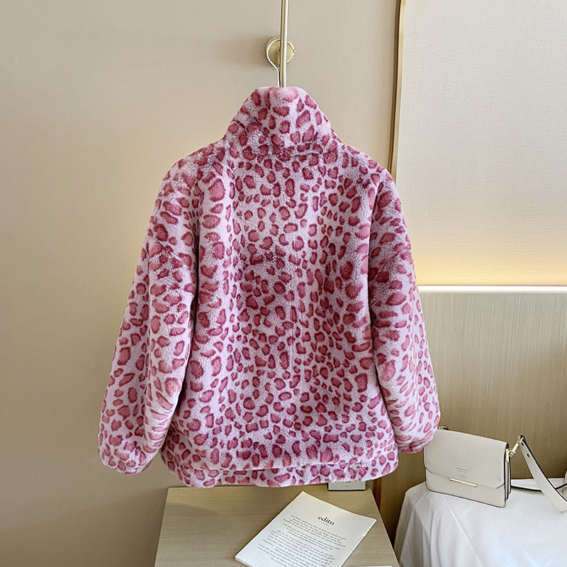 Pink Leopard Faux Fur Coat For WomenV Kawaii Winter JacketsV Fake Furry OvercoatV Zipper Fluffy JacketV Plush Cozy CoatV 2024