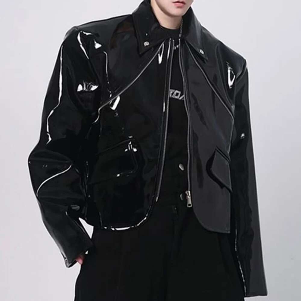 Mens Shiny Handsome Performance Stage Outfit Autumn Elegant British Eent Patent Leather Jacket