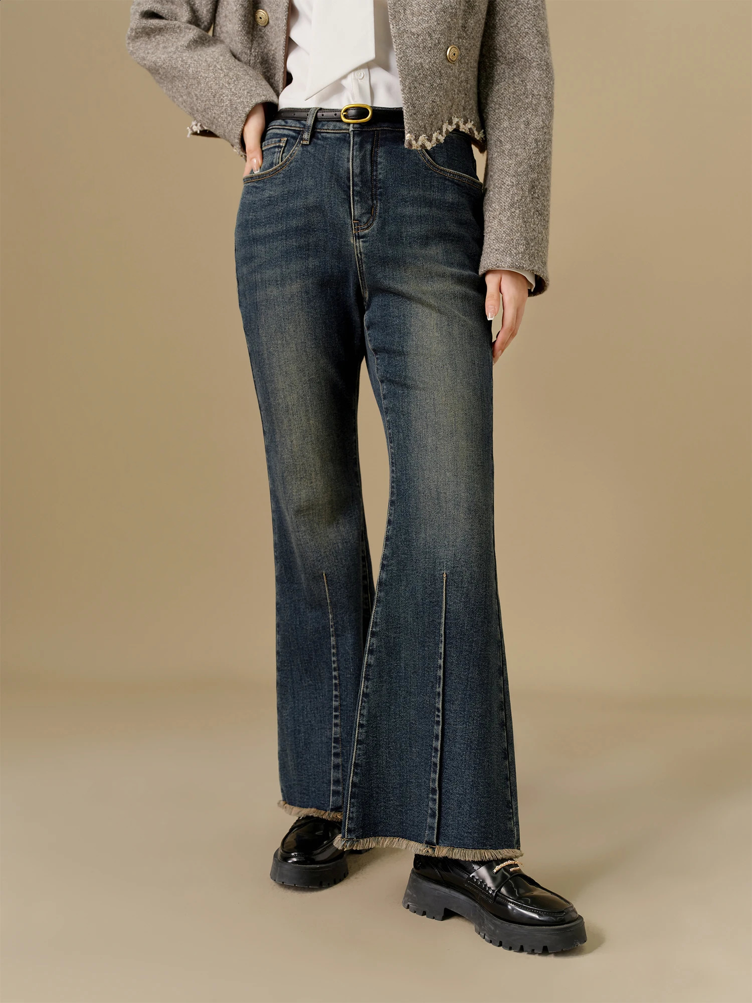 DUSHU Plus size 683% pure cotton retro modern style womens sparkling jeans winter wash original edge padded pants 24DS84167 240930