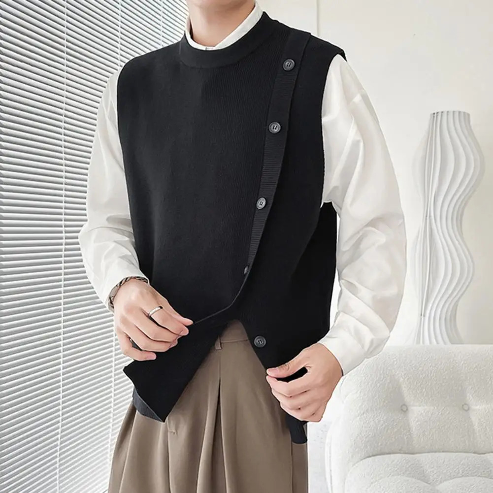 Mens casual solid color knitted sweater vest with buttons sleeveless round neck cardigan suitable for autumn and winter fashion 240930CJ