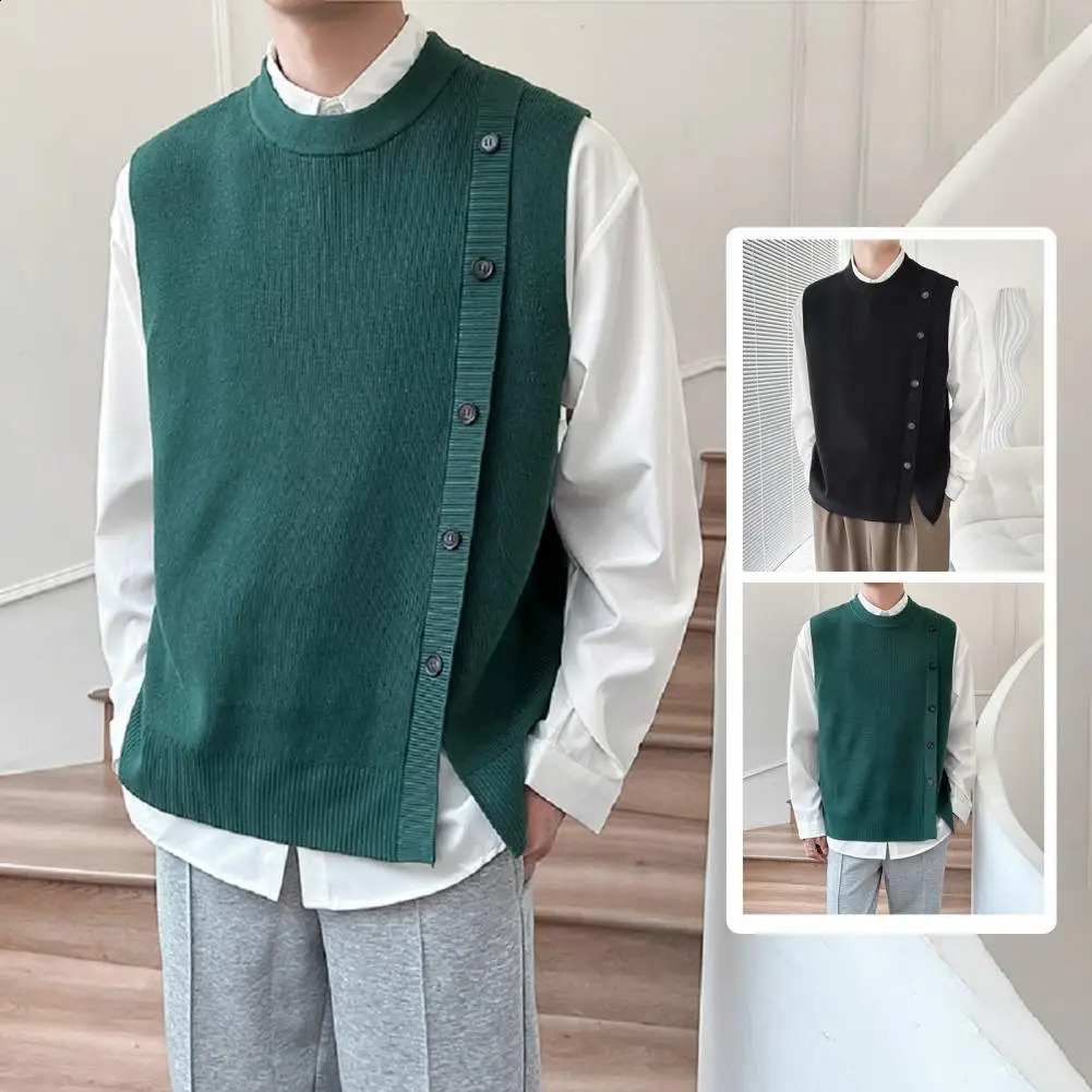 Mens casual solid color knitted sweater vest with buttons sleeveless round neck cardigan suitable for autumn and winter fashion 240930CJ