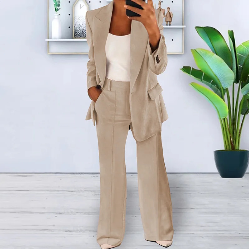 Spring Autumn Women Blazer Suit Casual High Waist Workwear Two Piece Sets Clothes Set Long Sleeve Blazer Loose Pants 241007
