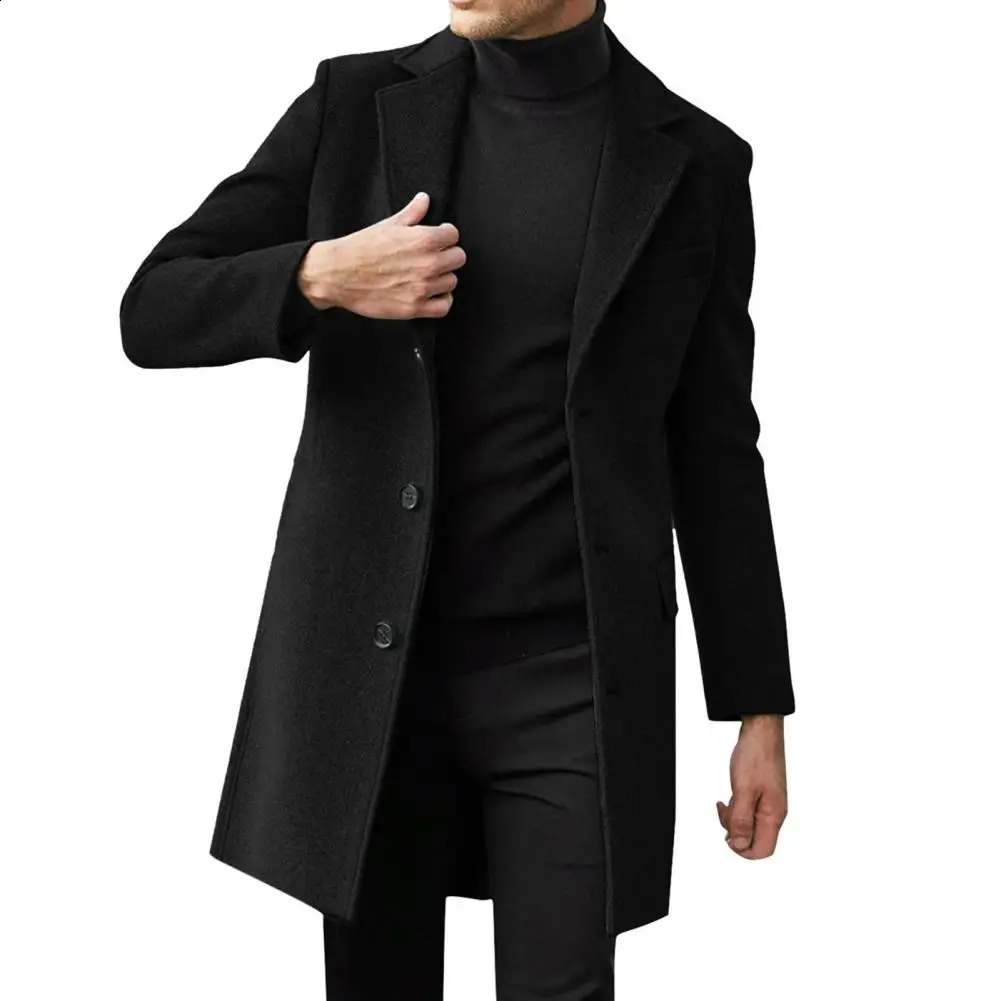 Winter mens wool coat collar long sleeved jacket single chest mid length solid color 241007