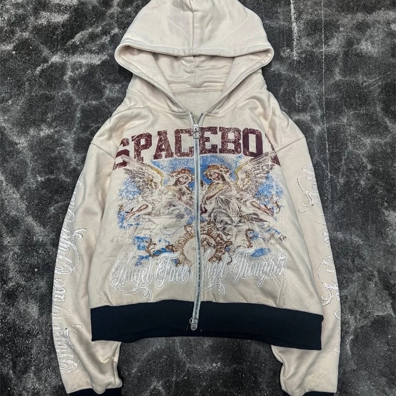 Street Installation American Retro Gothic Alphabet Picture Large Zipper Hoodie Mens Y2K Harajuku Hip Hop Gothic Casual Clown Coat 240930CJ
