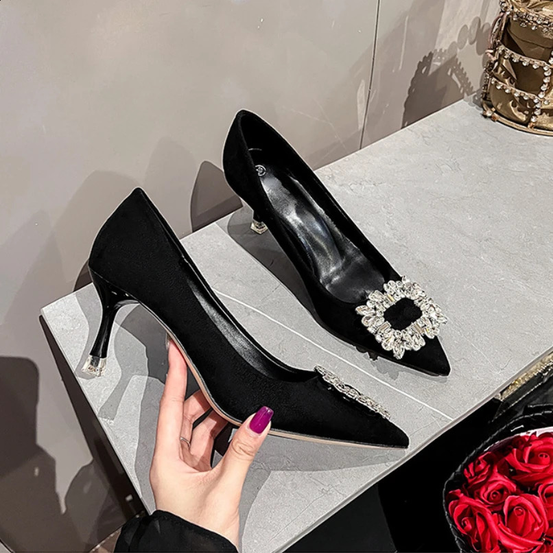 Suede Rhinestone High Heels Office Womens Shoes Pointed Toe Pumps Womens Stiletto High Heels Party Dress Shoes er Bridal Shoes 240925