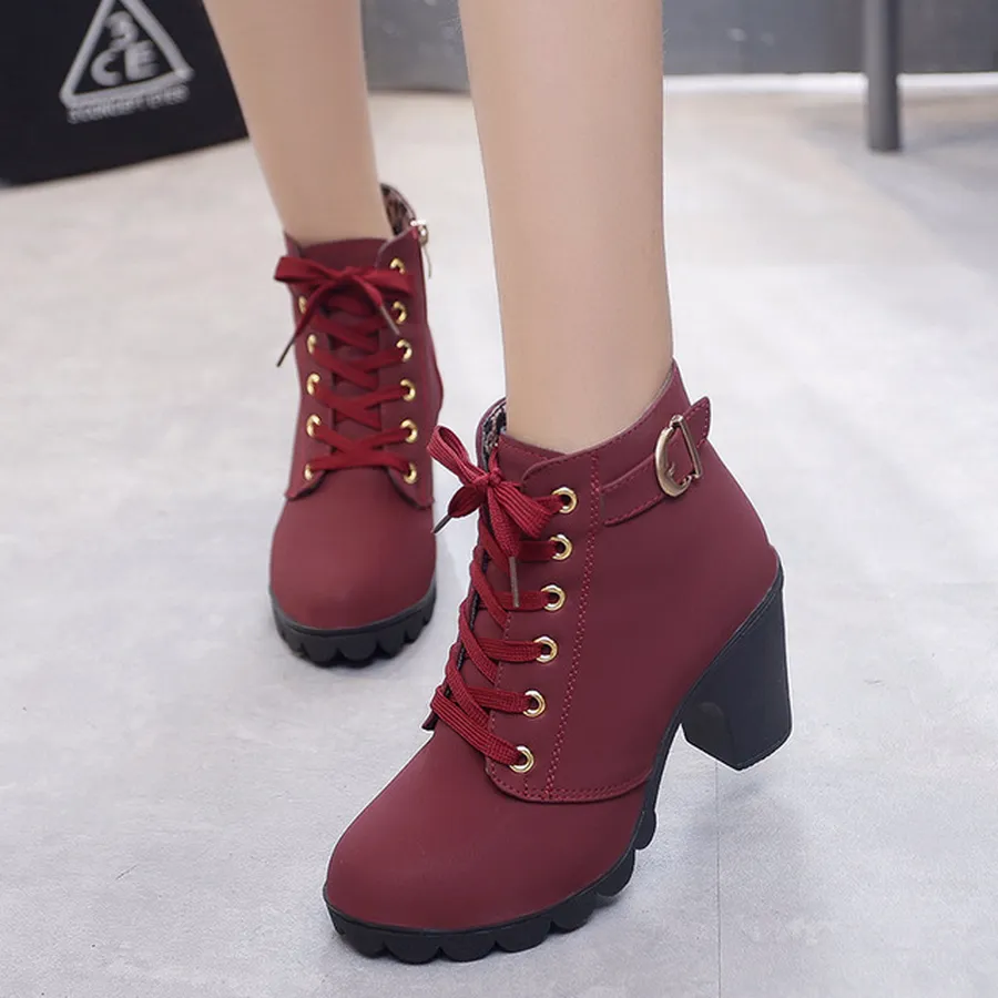 2023 New Spring Winter Women Pumps Boots Quality Lace-Up European Ladies Shoes PU High Heels Booties Fast Delivery