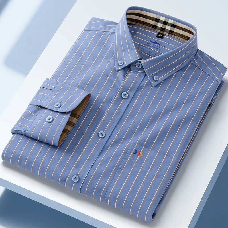 Oxford 100% pure cotton two-color collar long sleeved shirt strapless cotton mens casual shirt high-end gift wholesale X241007