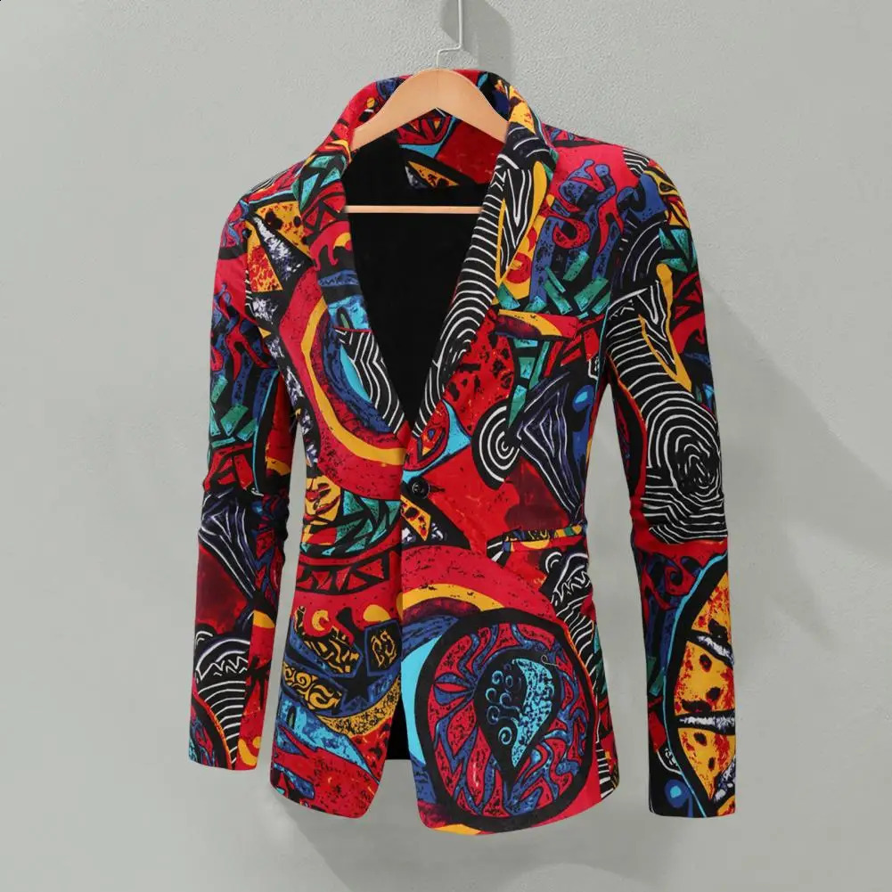 Men Blazer Fashion Print Turndown Collar Long Sleeve Button Loose Suit Jacket Colorful Pattern Lapel Blazer Suit Coat Streetwear 240930