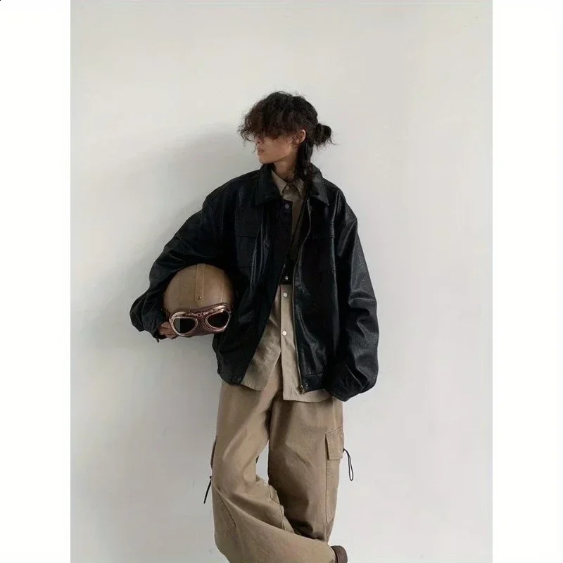 Motorcycle Leather Jacket Men Bomber Pilot Retro Loose Pu Short Coat Japanese Casual Streetwear Multi Pocket Trend Outwear 250225