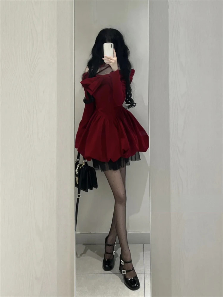 Winter bow Kawaii Y2k dress womens lace patch work elegant mini fashion ner princess item 241007