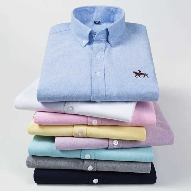 2024 Mens Long Sleeve Dress Shirt Mens Pure Cotton Oxford Embroidered Horse Casual Without Pocket Solid Shirt Plus Size X250125