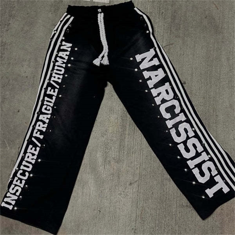 Gothic Letter Patchwork Y2k Clothes for Men Hip Hop Retro Sequin Striped Sweatpants T Shirt Two Piece Set Casual Tracksuit Men y240930