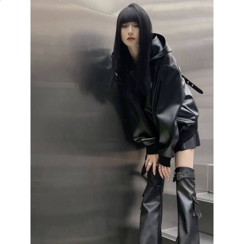 XITAO Letter Plus Size Faux Leather Women Fashion Autumn Pocket Elegant Goddess Fan Hooded Collar Loose Coat ZLL4442 210909