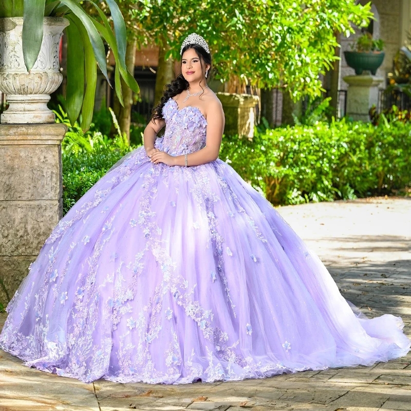 Lavender Lilac Off The Shoulder Quinceanera Dresses Birthday Party Lace Applique Beading Tull Mexican Sweet 16 Dress Vestidos De XV 15 Anos