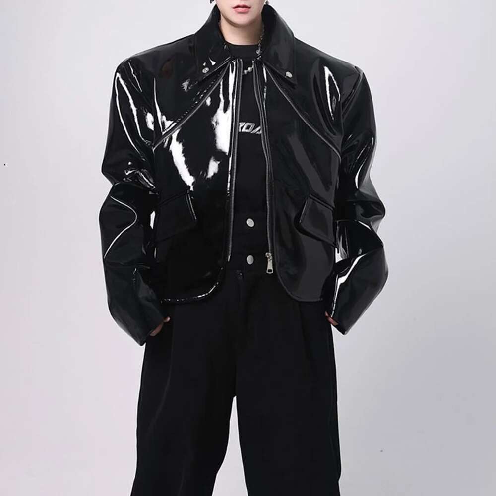 Mens Shiny Handsome Performance Stage Outfit Autumn Elegant British Eent Patent Leather Jacket