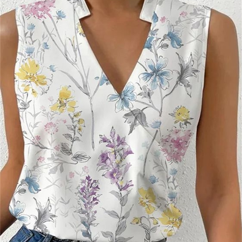 Fashion Vneck Sleeveless Print Women Tops And Blouses 2023 Summer Casual White Tank Top Femme Shirt Blouse y240930