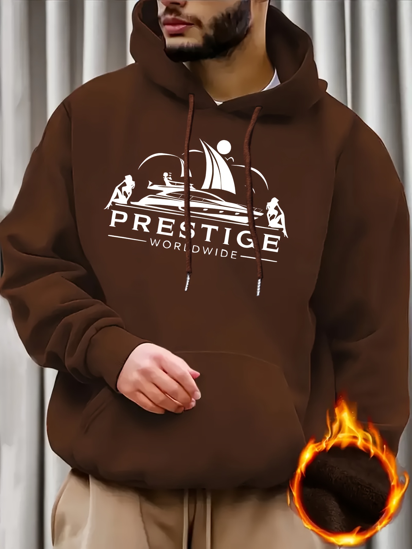 Men's Prestige Worldwide Yacht Graphic Hoodie - Casual Polyester 100% Hooded Sweatshirt with Slight Stretch, Regular Fit Knit Fabric Long Sleeve 