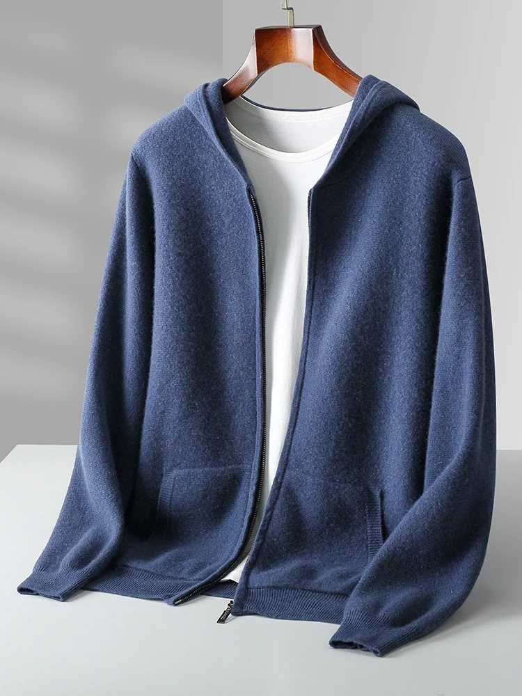 Mens cashmere sweater long sleeved hooded zipper autumn and winter casual loose 100% Merino wool knitted soft and comfortable clothing top W241007