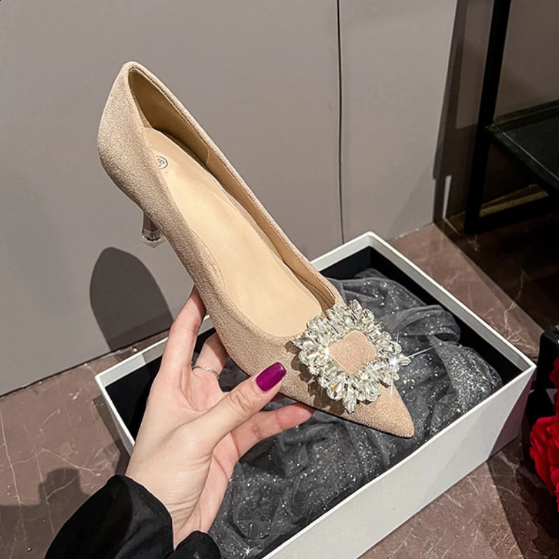 Suede Rhinestone High Heels Office Womens Shoes Pointed Toe Pumps Womens Stiletto High Heels Party Dress Shoes er Bridal Shoes 240925