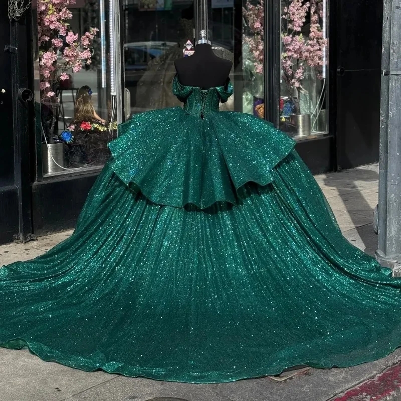 Blackish Green Sweetheart Shiny Princess Quinceanera Dresses Beads Crystal Tull Birthday Ball Gown Sweet 16 Dress Vestidos 15 Anos