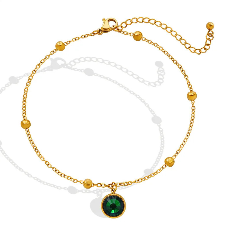 stainless steel ball chain anklet green stone round charm anklet suitable for women gold-plated waterproof jewelry 241007