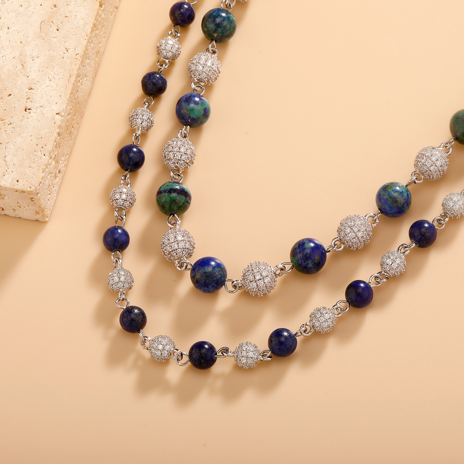 6-8mm Full Set Sparkling Cubic Zirconiaia Lround Beaded Necklace Chain Choker Hip-hop Mens And Womens Blue Green Colorful Stone Gold Plate Jewelry Acc