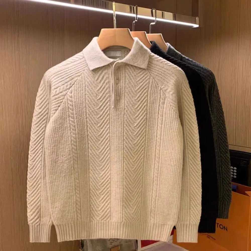 Mens knitted sweater mens polo shirt long sleeved lapel button jumping top autumn and winter mens knitted clothing W241007