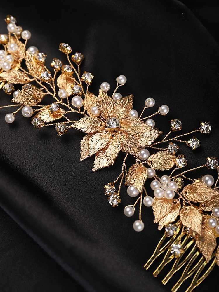 Pearl Rhinestone Flower Bridal Hair Combs Gold Leaf Wedding Headband Brides Headwear Wedding Accessories Party Prom Hair JewelryX241007