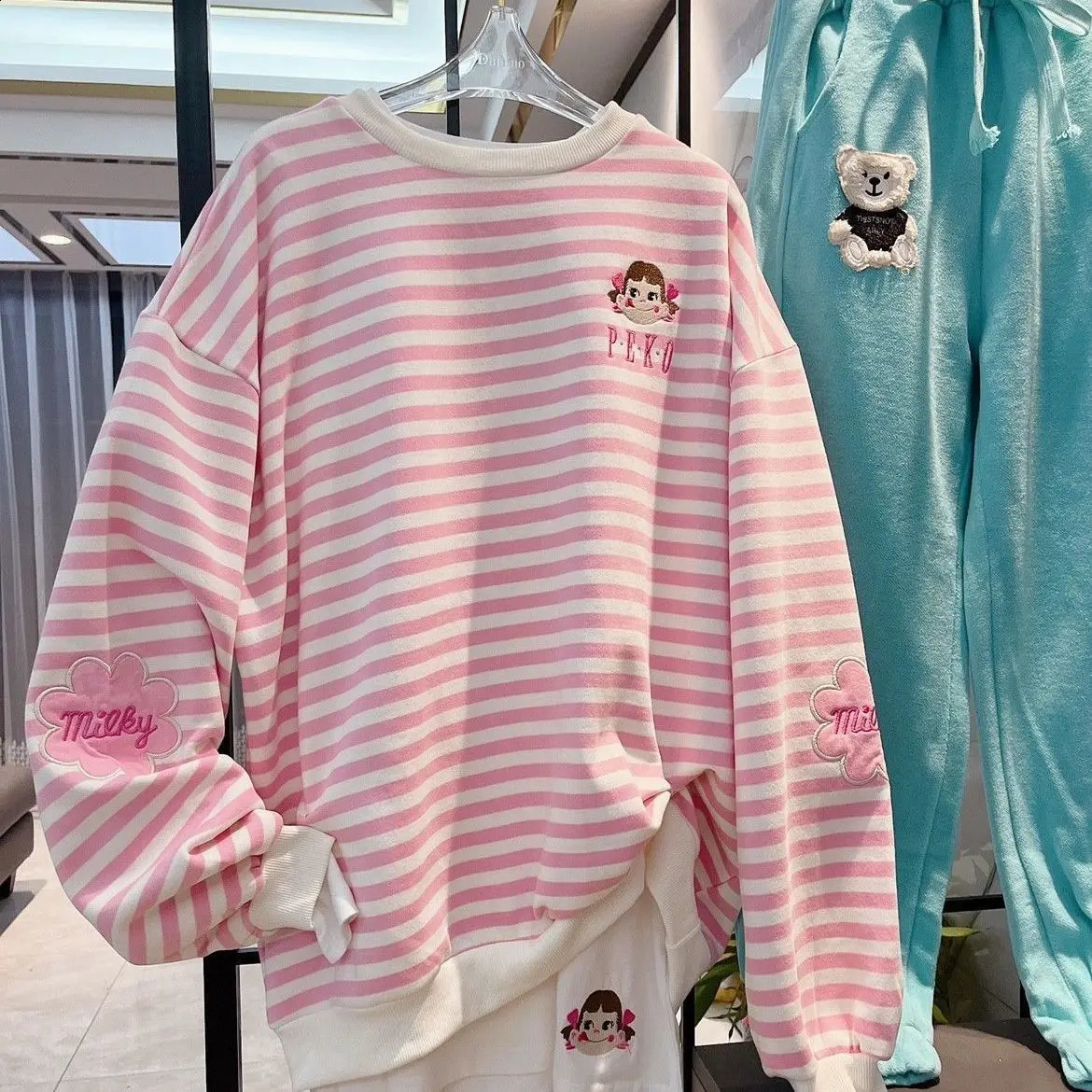 Hoodies womens Harajuku embryo striped cotton hoodie autumn long sleeved oversized Korean thin sweater pullover 241007