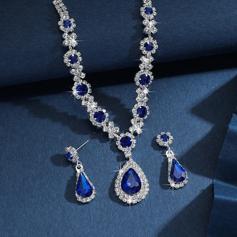 Green Water Drop Jewelry Set Exquisite Water Diamond Pendant Party Womens Fashion Necklace Earring Set Promotion Wedding Accessories 241007