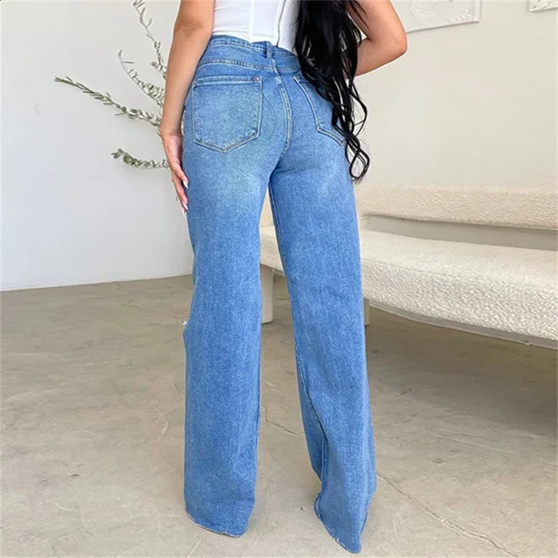 Women Knee Broken Holes Trend Straight Jeans Fashion Comfortable Casual High Waist Denim Pants Female Loose Wide Leg Trousers 241007