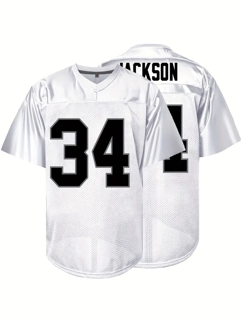#34 Bo Jackson Comfy V-Neck Football Jersey White Mesh Embroidery for Training and Competition Breathable Moisture-Wicking American Football Shirt