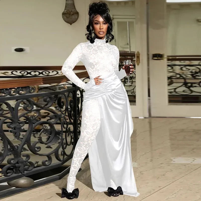 Women Nightclub Party Skinny Stretchy Sexy See Through Floral Lace Jumpsuits with Overlay Skirt One Piece Romper Club Overalls 240927