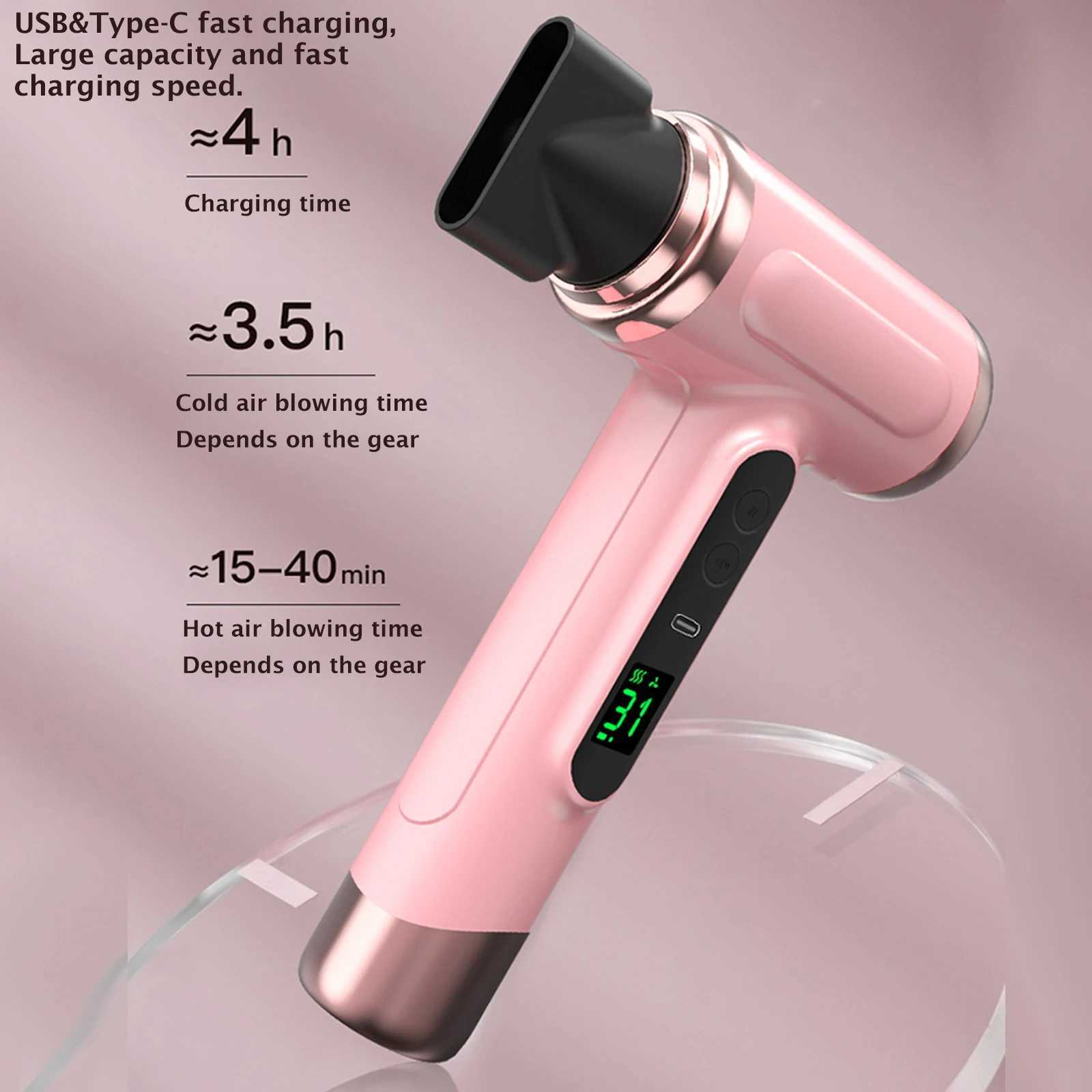 Handheld Wireless Hair Dryer USB Recharge Display Screen Cold Warm Wind Dryer for Dormitory/Travel Strong Wind Low Noise 3 GearsXJ241021