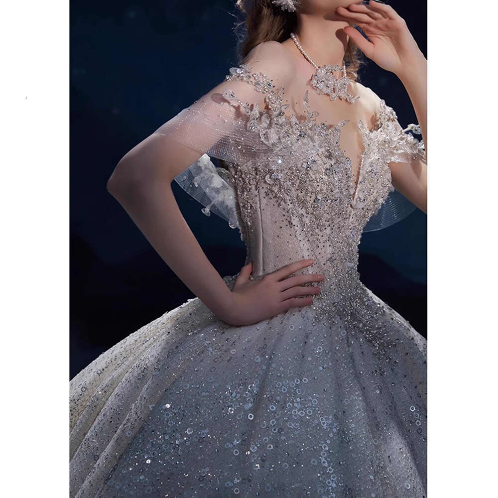 Fashion Elegant Tulle O Neck Wedding Delicate Lace D Decal Sequined Beaded Romantic Beautiful Princess Bride Dress ecal ress