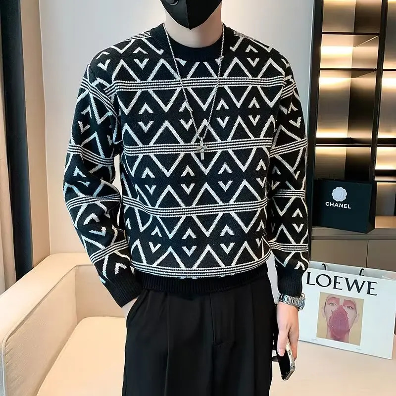 Autumn Winter Mens Sweater High Quality Knitted Geometric O Neck Japan Harajuku Street Slim Fit Top Clothing 240930