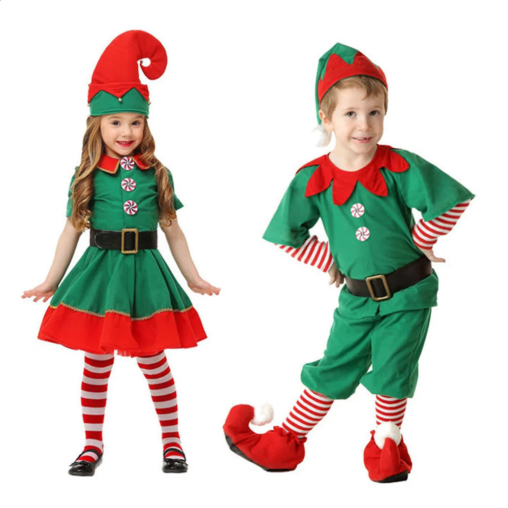 Christmas Role Play Halloween Costumes Childrens Boys and Girls Elby Dress Hat Shoes Gift Year Carnival Party Santa Claus 241007