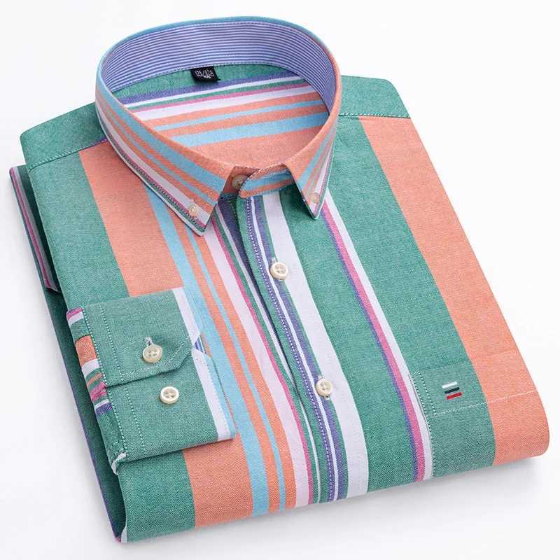Large mens casual 100% pure cotton Oxford striped pocket long sleeved soft button plain weave mens plus size X241007