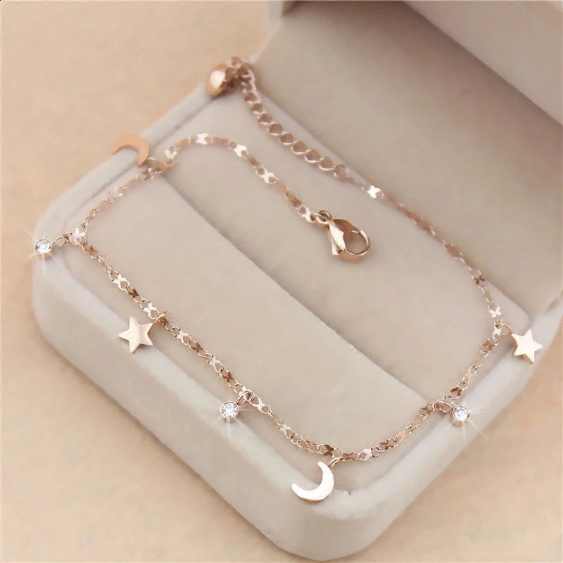 Moon Star Anklet for Women Rose Gold Colored Stainless Steel Fashion Jewelry GA121 241007