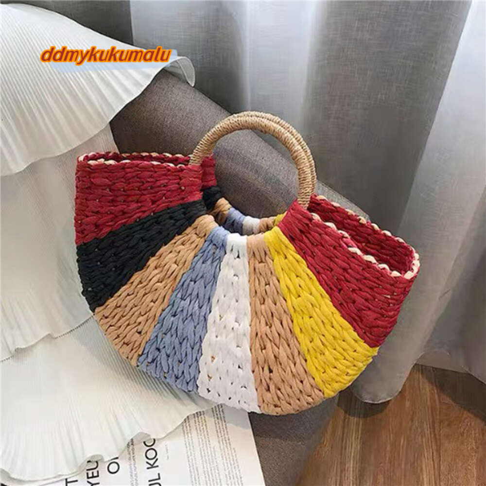 Women Colourful Handbag Rattan Wicker Straw Woven Half-round Bag Large Capacity Female Casual Travel Tote Fashion Bolsos H6.17#26 ddmykukumalu