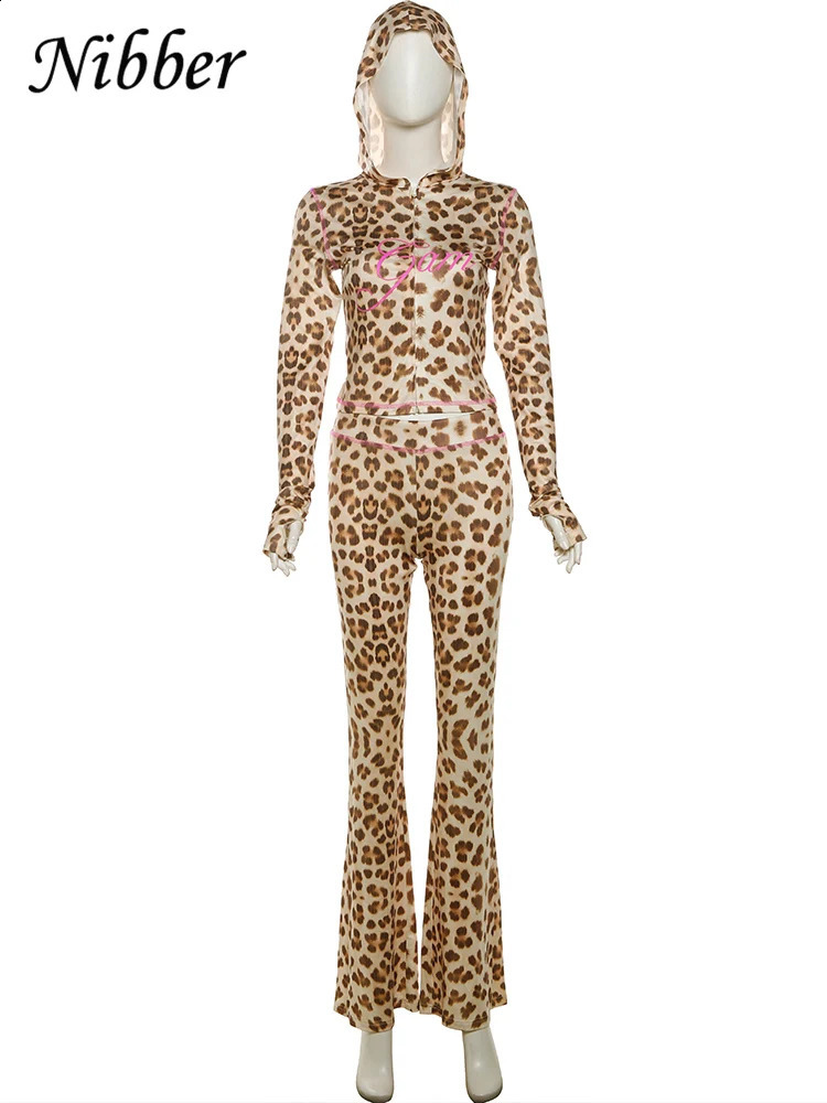 Nibber Leopard Print 2-piece womens autumn track and field outfit hooded crop jacketglitter pants elastic matching set 241007