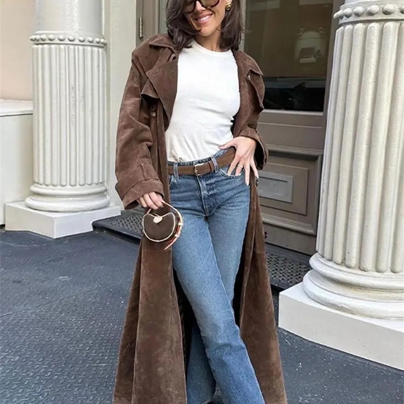 Elegant Suede Leather Chocolate Belt Long Coat Fashion Double Button Lapel Oversize Jacket Fashion Autumn Street Windbreaker 240930