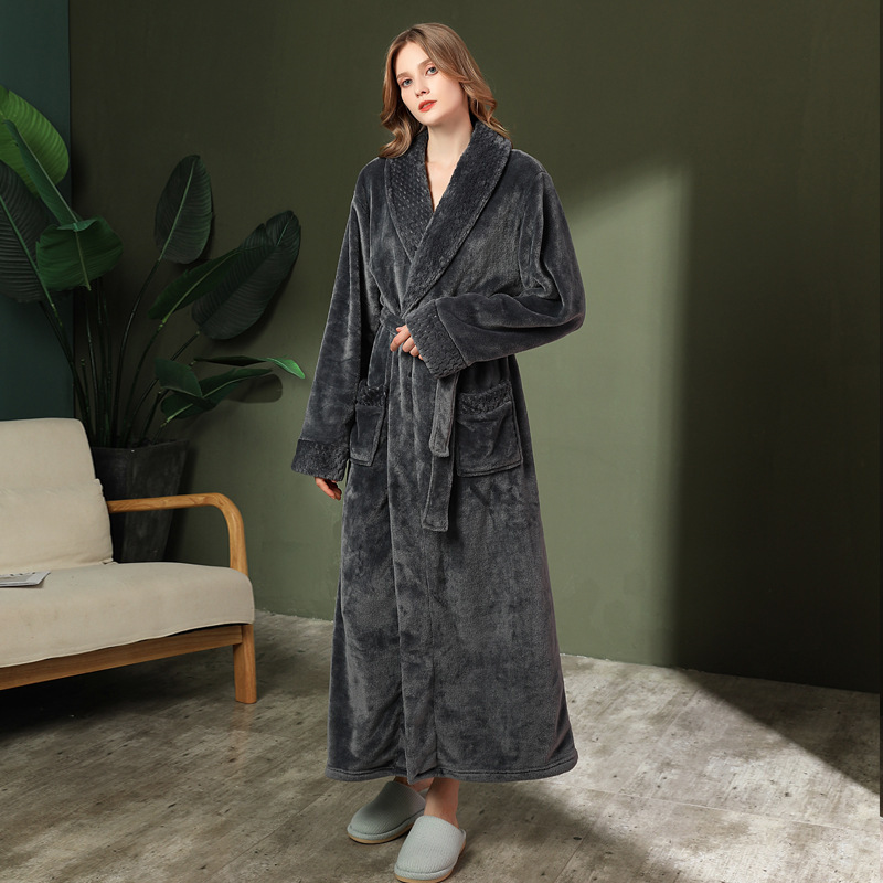 Designer's Winter Sleeping Flannel Couple Nightgown, Thickened Lengthened Men's Plus Size Bathrobe, Long And Simple Sleepwear For Women