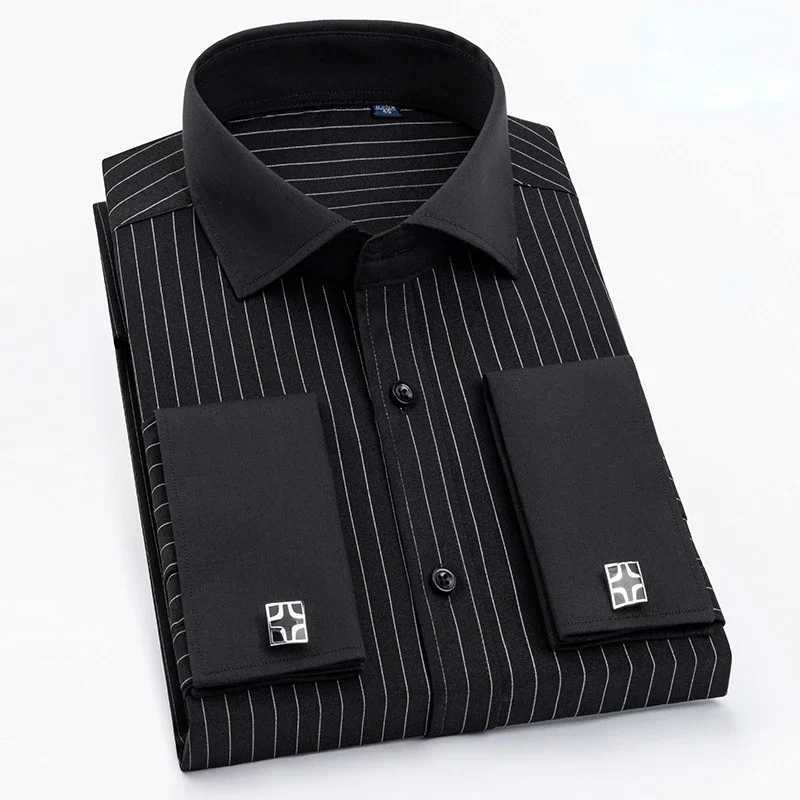High quality mens French cufflinks shirt hidden button mens shirt long sleeved casual slim fit cufflinks dress shirt (including cufflinks) X241007