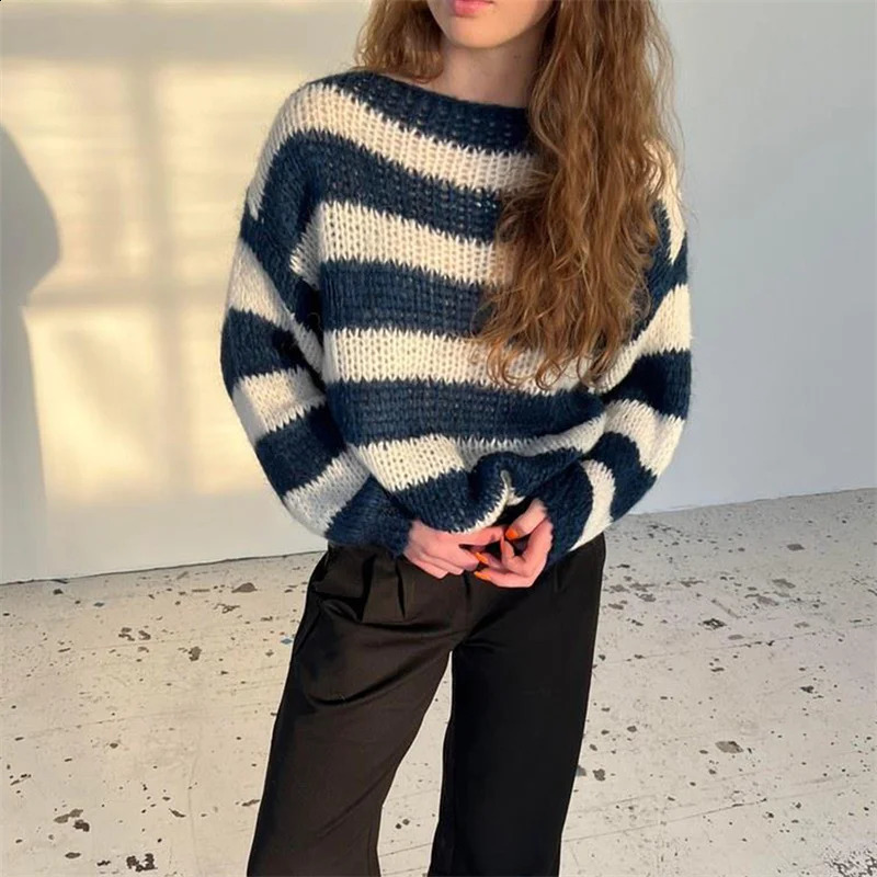 Lamuusaa striped sweater y2k womens round neck long sleeved knitted floral top 2000s streetwear 241007
