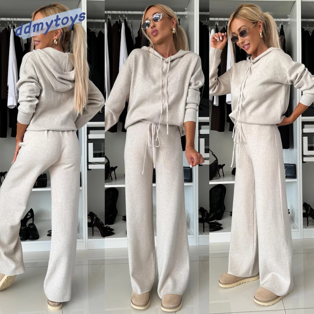 dongdumaoyi Autumn and winter new casual suit women s solid color hooded long sleeved sweatshirt tied rope wide leg pants two piece set F1008#59