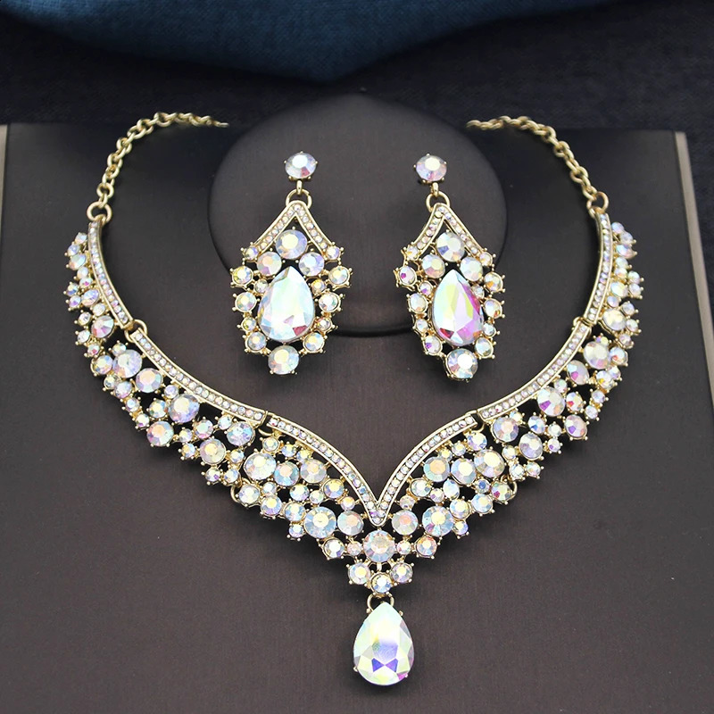 Fashion Womens Rhinestone Crystal Water Drop Necklace Earring Wedding Bridal Jewelry Set 241007 Z260313