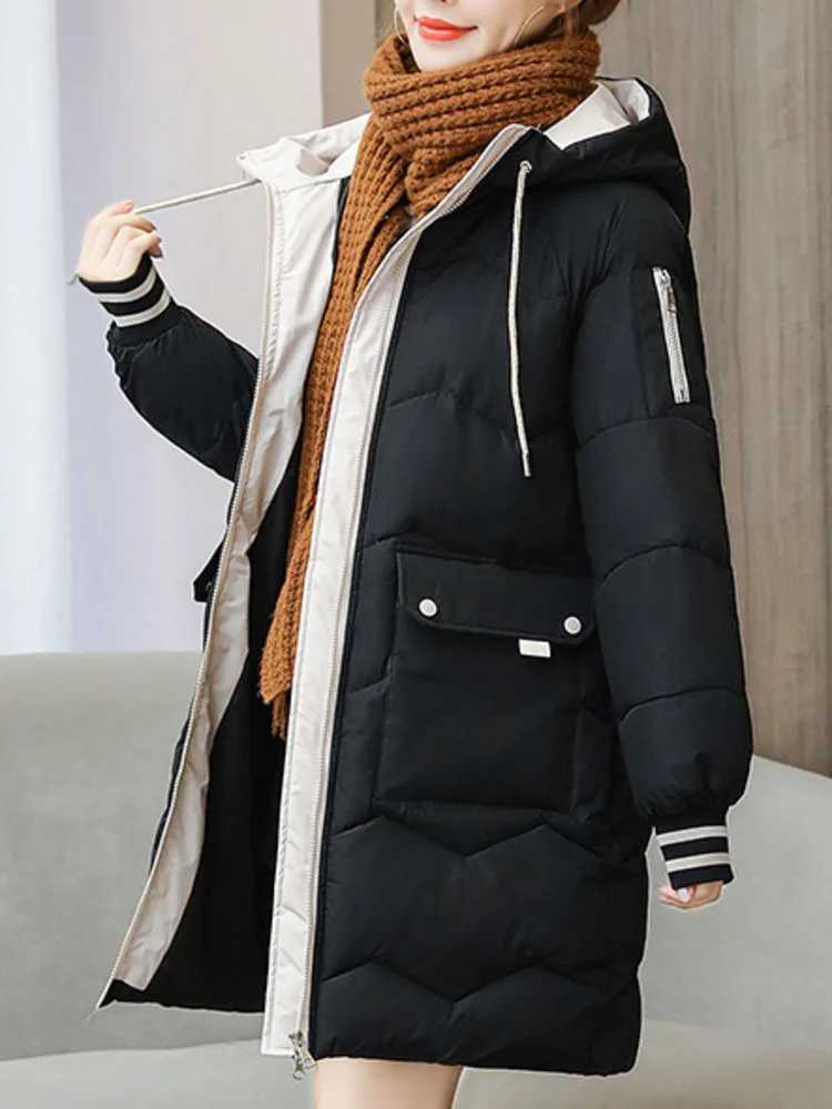 2023 Winter Women Jacket Coats Long Parkas Female Down Cotton Hooded Overcoat Thick Warm Jackets Windproof Casual Student CoatX2410