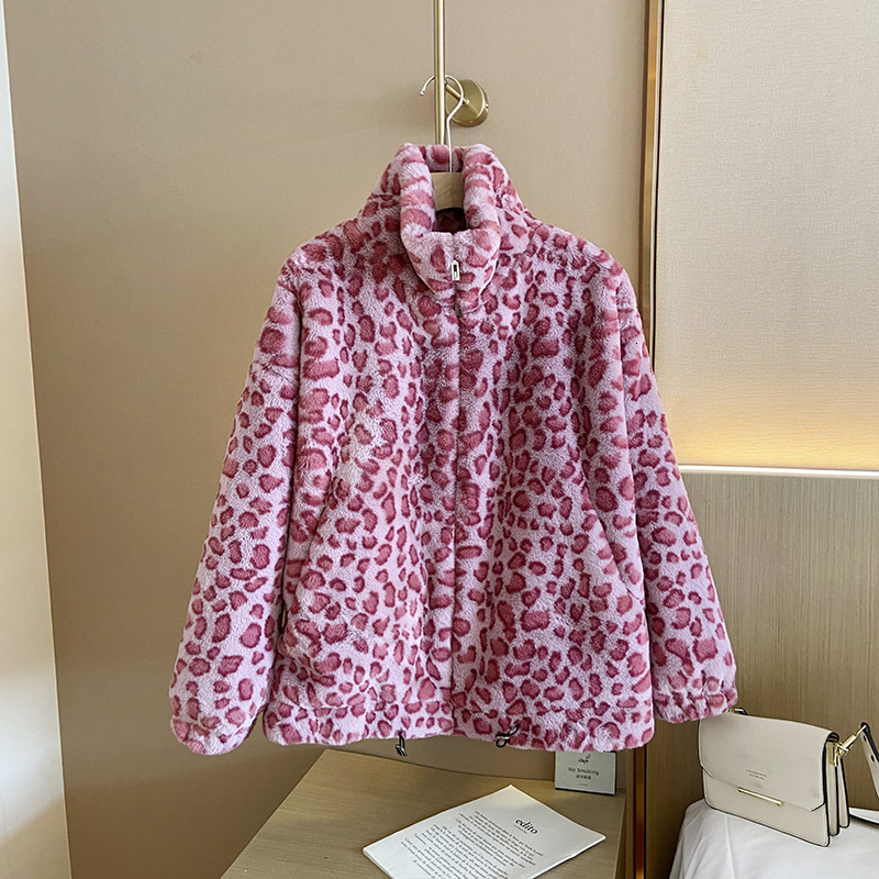 Pink Leopard Faux Fur Coat For WomenV Kawaii Winter JacketsV Fake Furry OvercoatV Zipper Fluffy JacketV Plush Cozy CoatV 2024